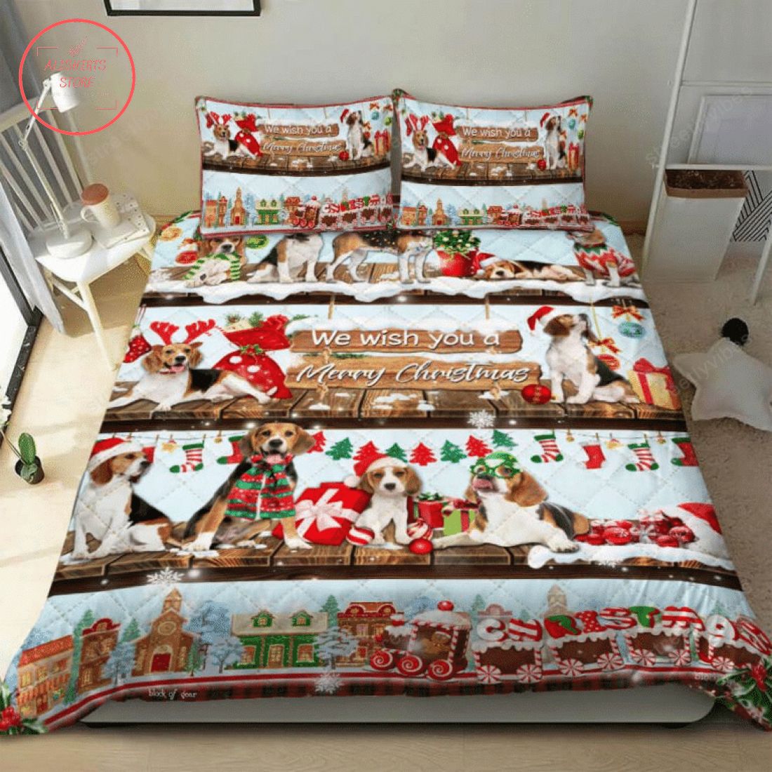 Beagle We Wish You A Merry Christmas Quilt Bed Set
