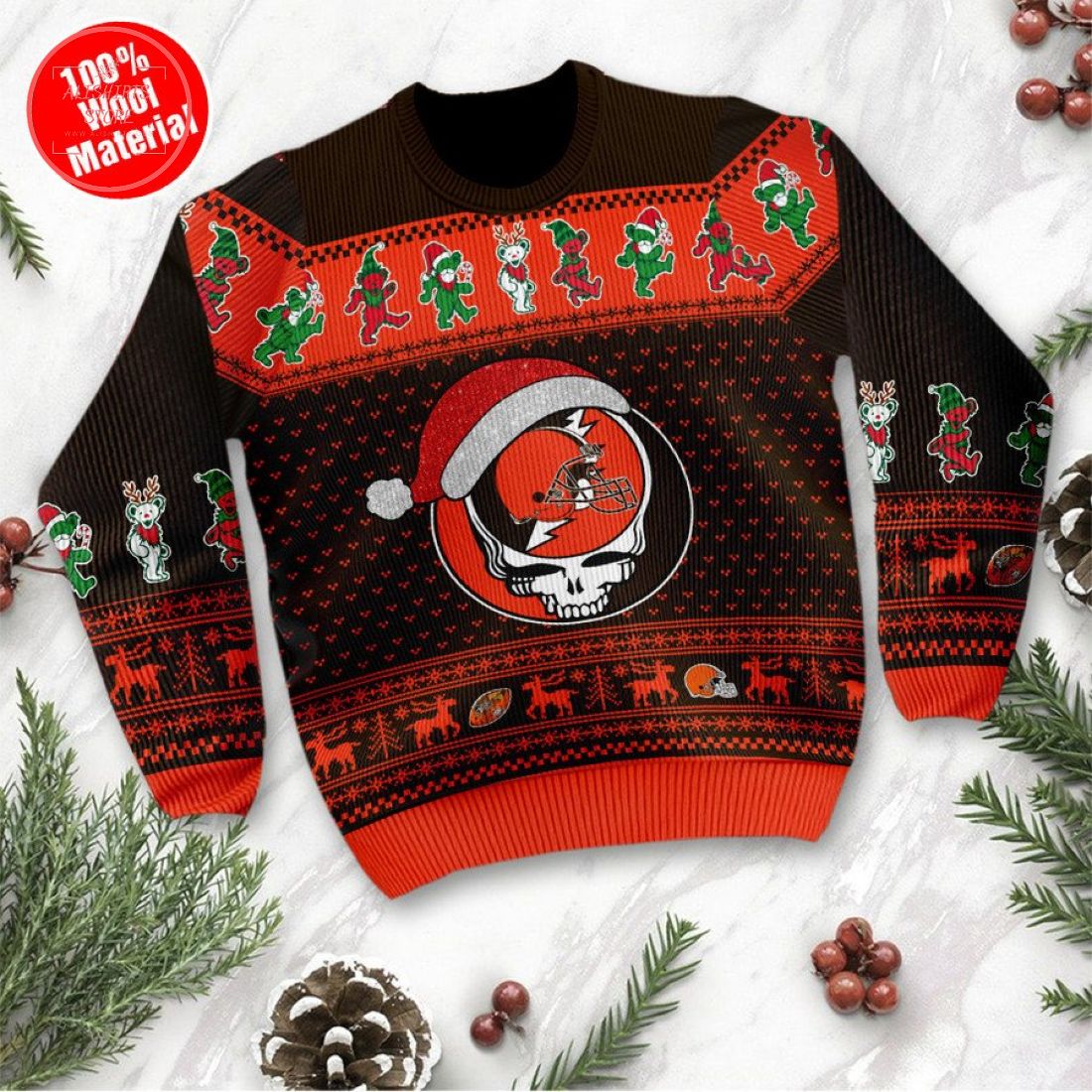 Cleveland Browns Grateful Dead Skull And Bears Ugly Christmas Sweater