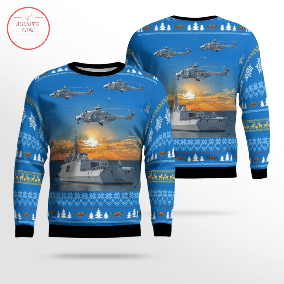 French Navy Ship Auvergne & Nh90 Helicopter Ugly Christmas Sweater