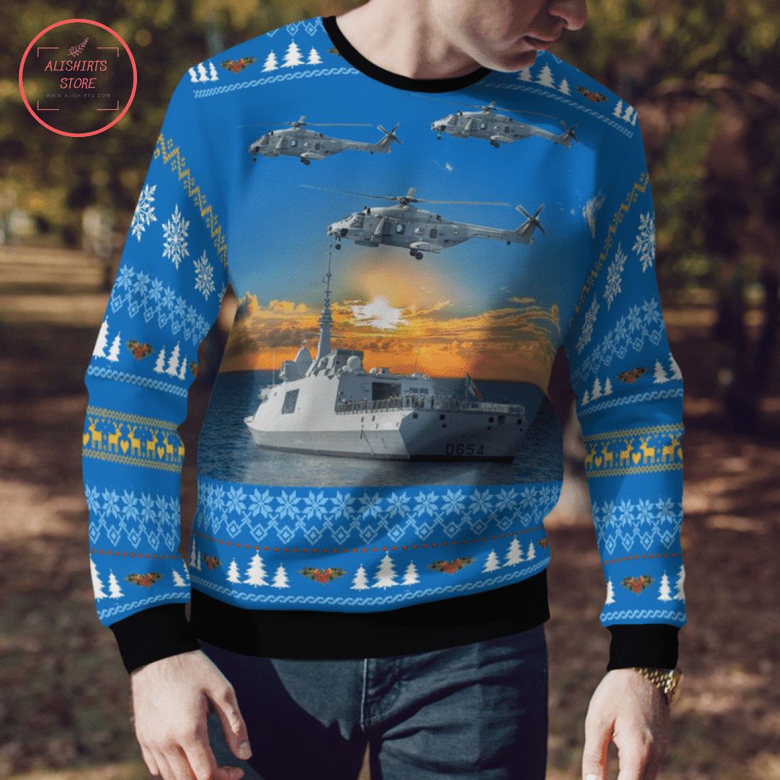 French Navy Ship Auvergne & Nh90 Helicopter Ugly Christmas Sweater