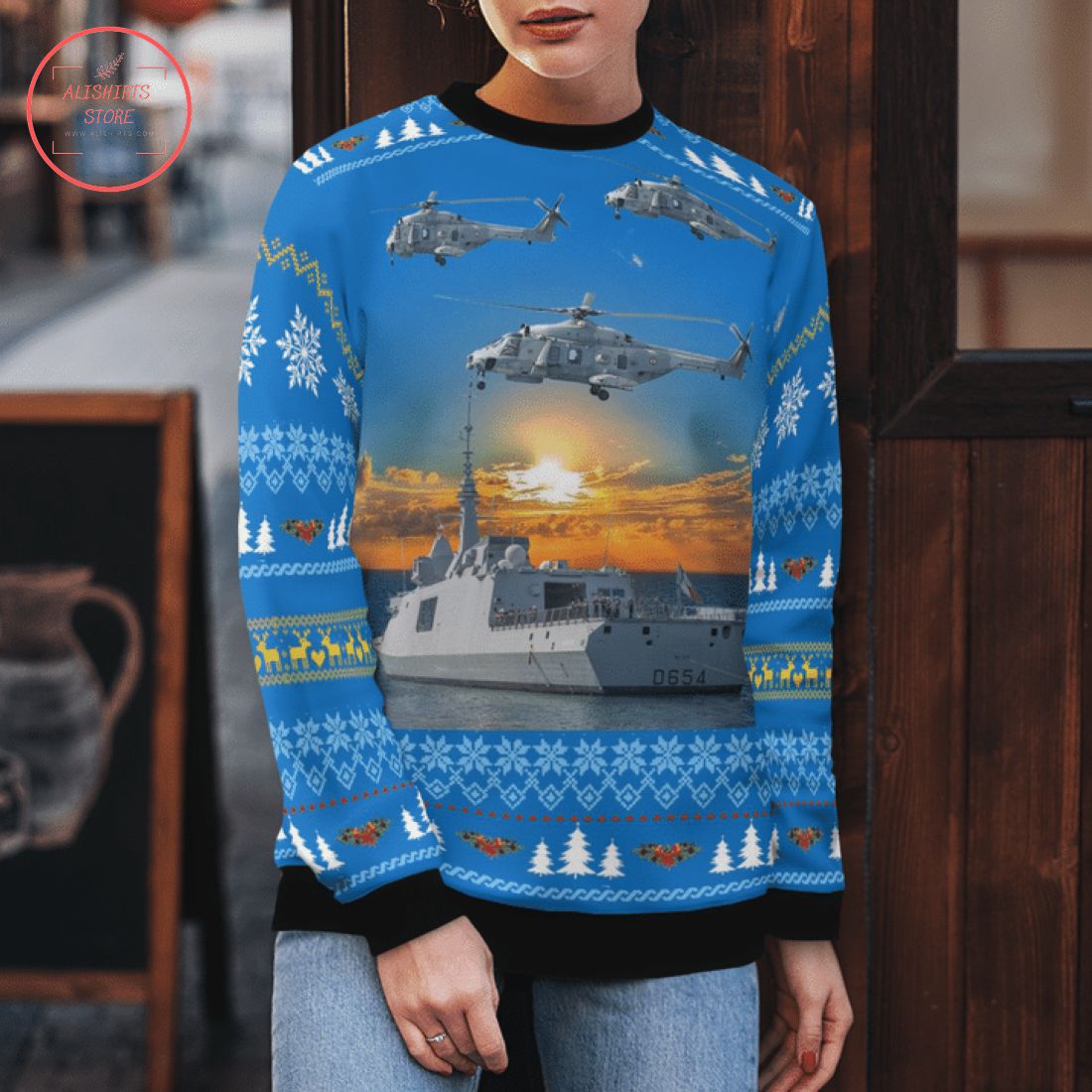 French Navy Ship Auvergne & Nh90 Helicopter Ugly Christmas Sweater