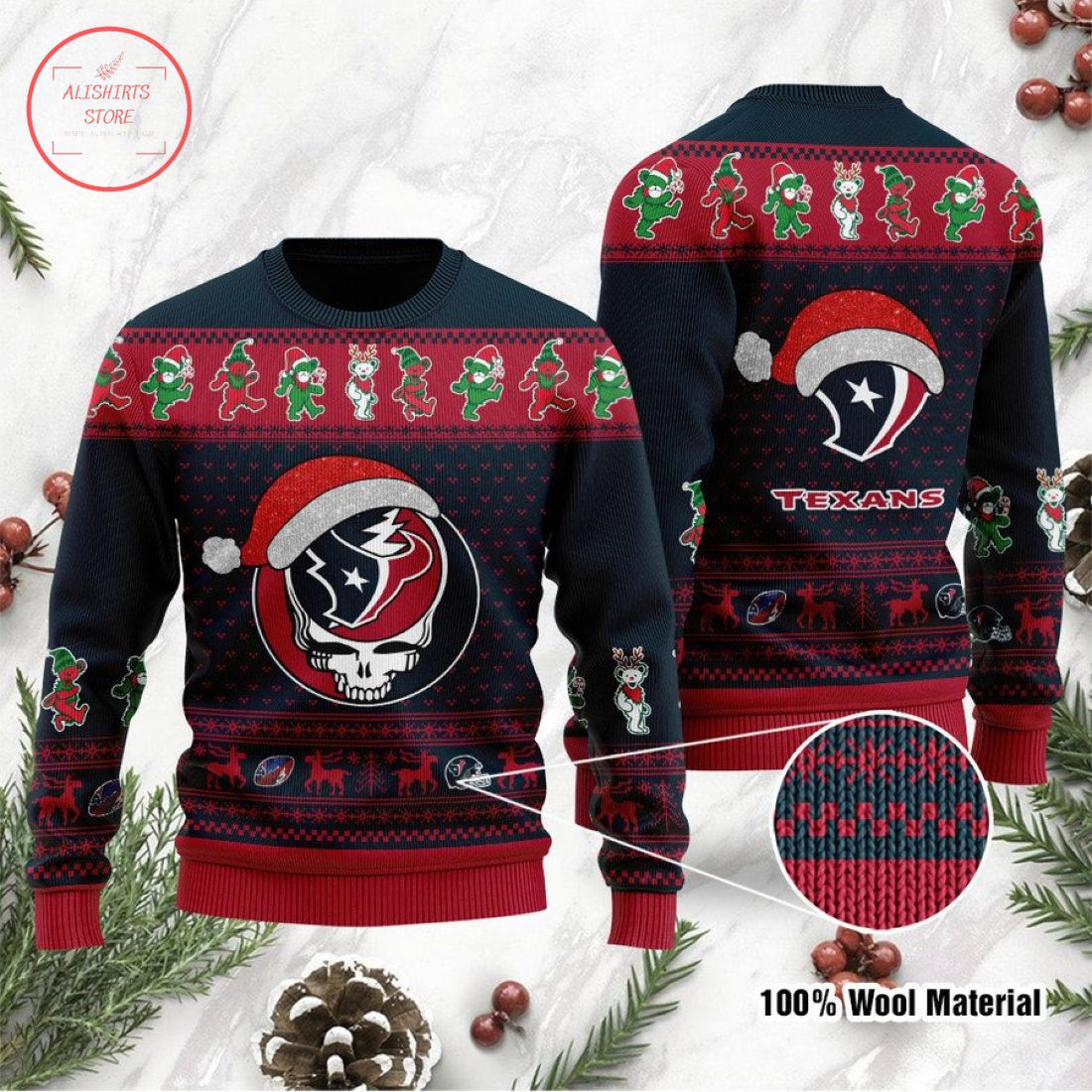Houston Texans Grateful Dead Skull and Bears Ugly Christmas Sweater