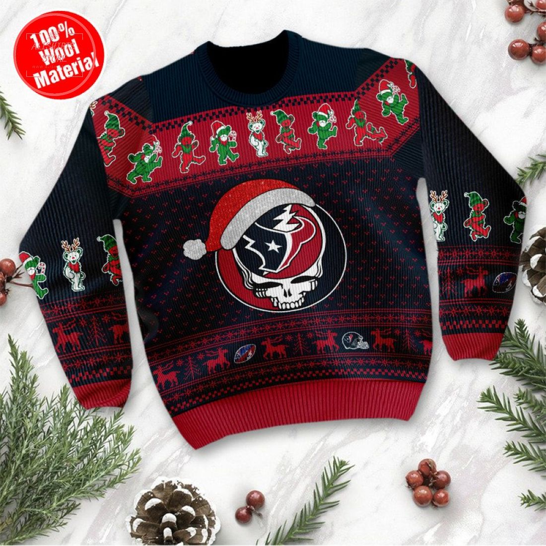 Houston Texans Grateful Dead Skull and Bears Ugly Christmas Sweater