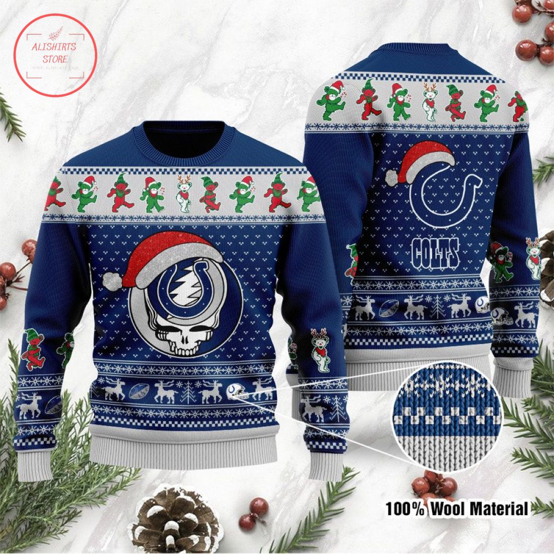 Indianapolis Colts Grateful Dead Skull and Bears Ugly Christmas Sweater