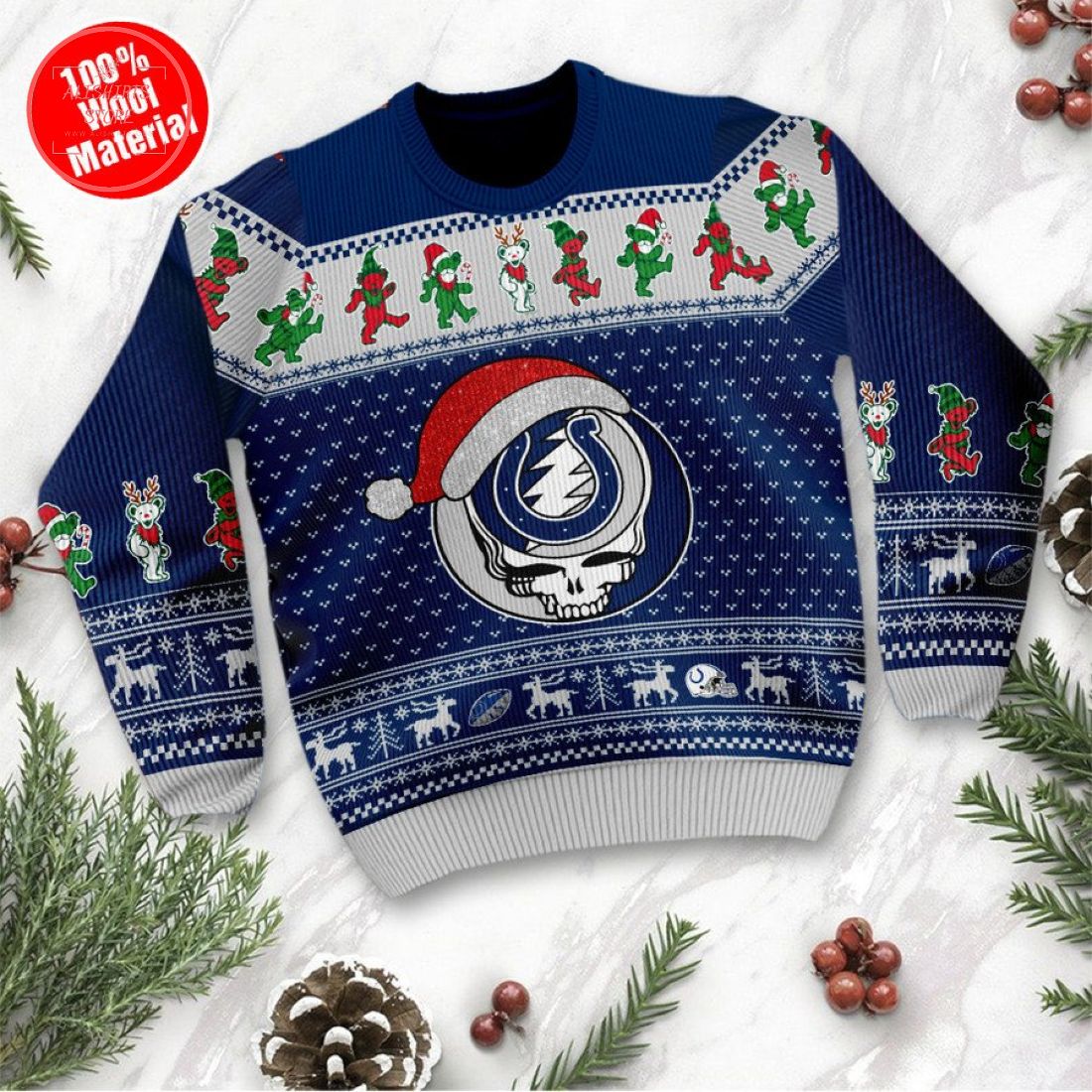 Indianapolis Colts Grateful Dead Skull and Bears Ugly Christmas Sweater