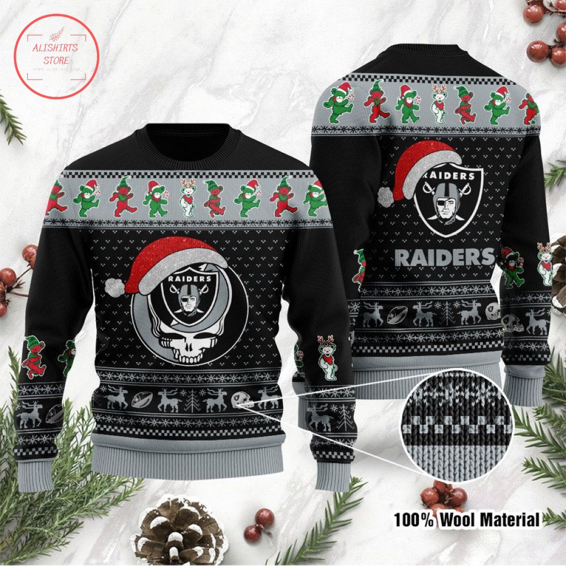 Las Vegas Raiders Grateful Dead Skull And Bears Ugly Christmas Sweater