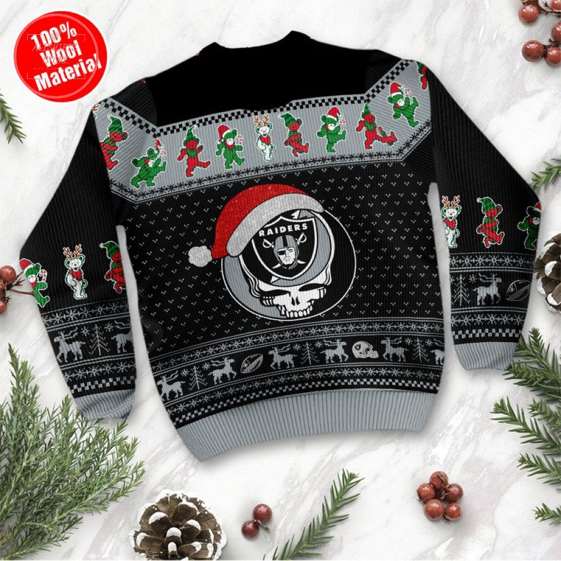 Las Vegas Raiders Grateful Dead Skull And Bears Ugly Christmas Sweater