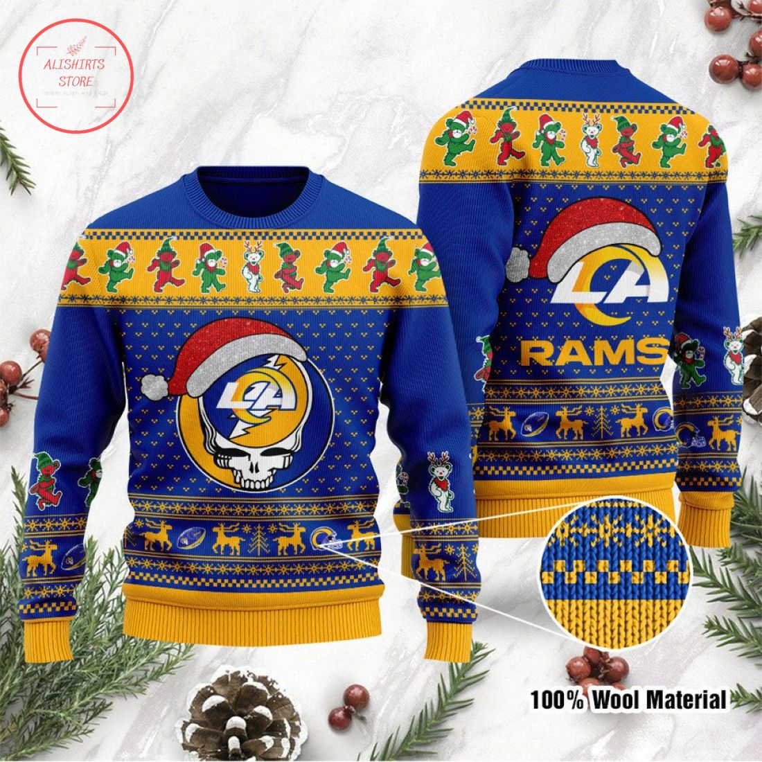 Los Angeles Rams Grateful Dead Skull And Bears Ugly Christmas Sweater