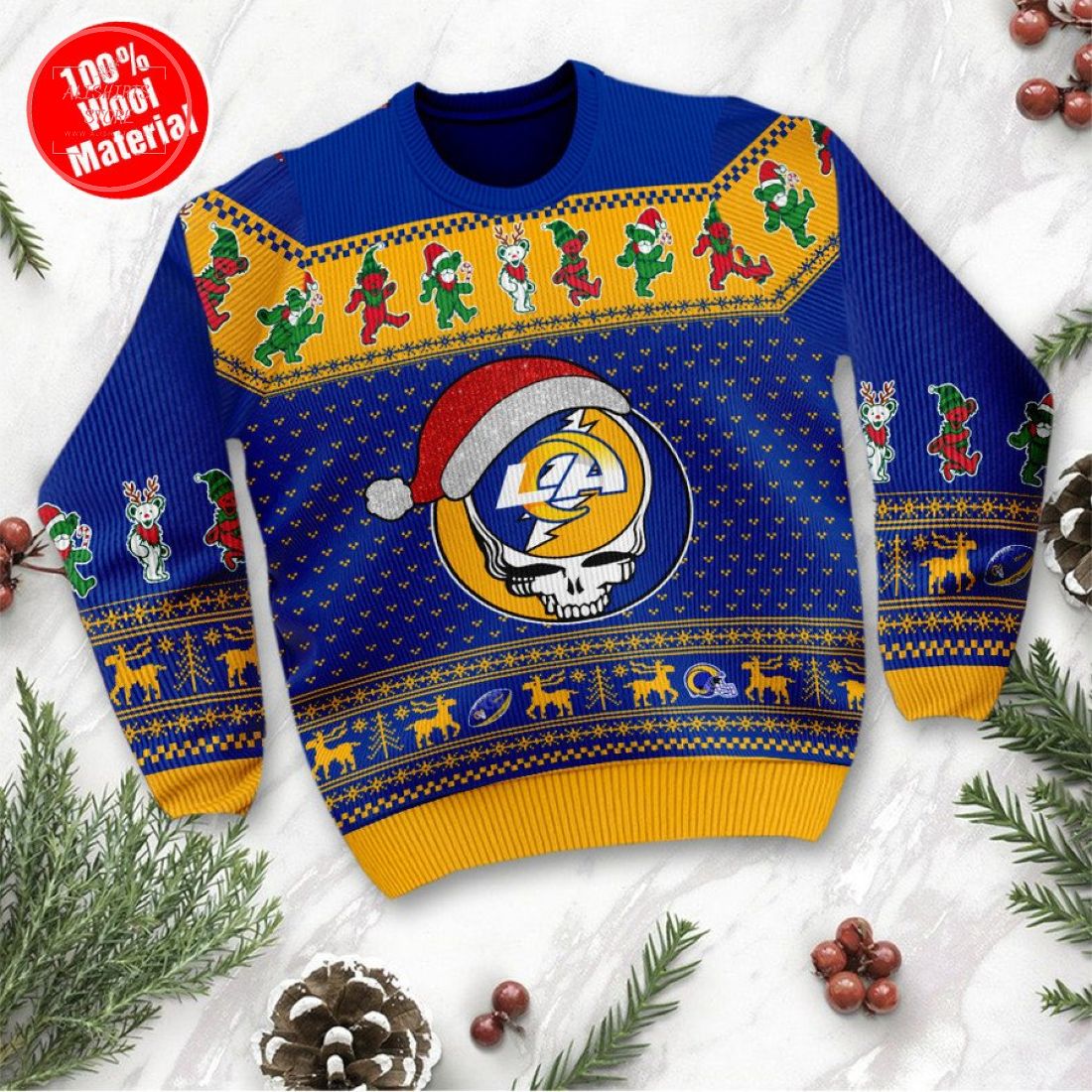 Los Angeles Rams Grateful Dead Skull And Bears Ugly Christmas Sweater