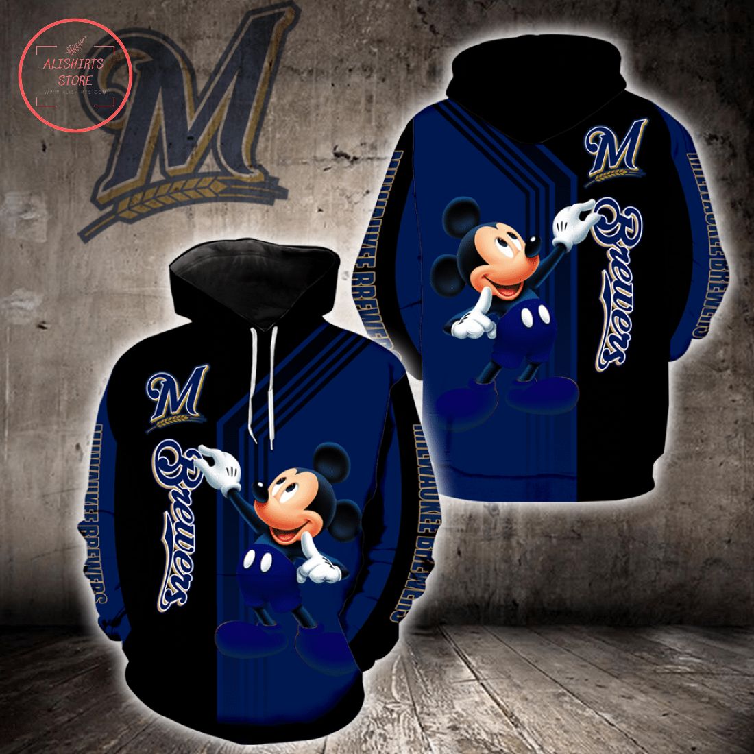 MLB Milwaukee Brewers Mickey Mouse Full Printed Hoodie