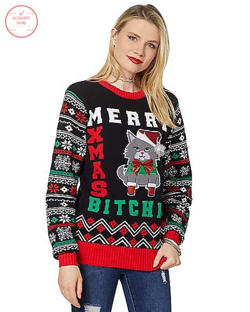 Merry X-Mas Bitches Cat Ugly Christmas Sweater