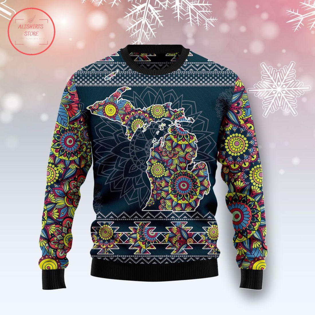 Michigan Blue Mandala Ugly Christmas Sweater