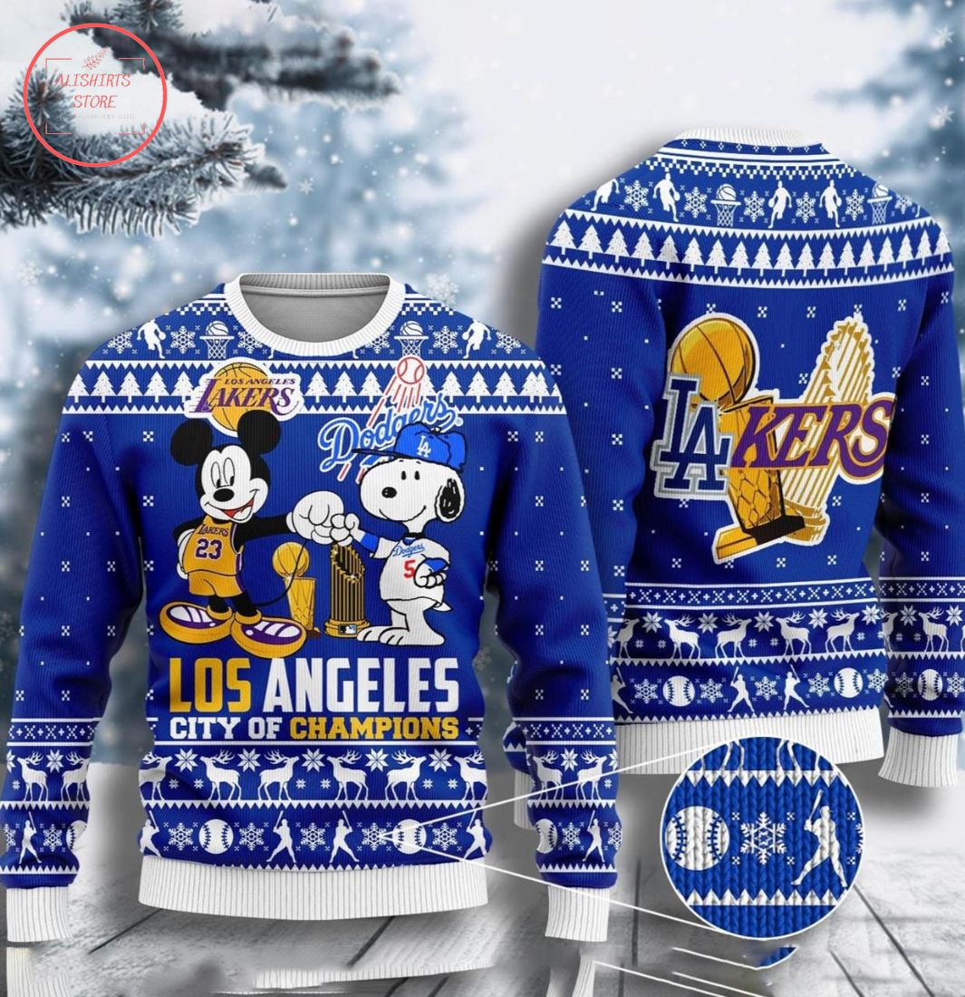 Mickey Mouse Los Angeles Lakers And Snoopy Los Angeles Dodgers Ugly Christmas Sweater