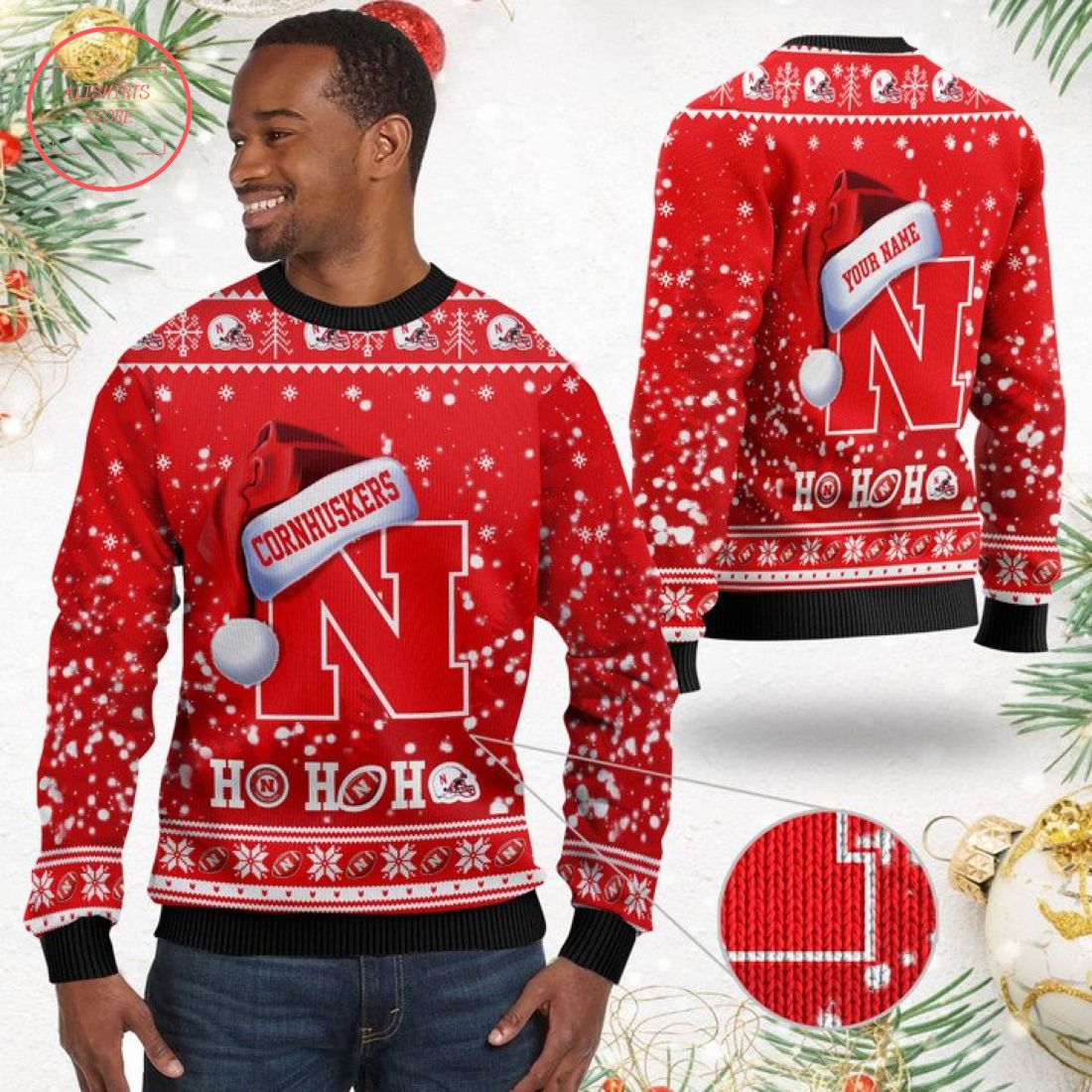 Nebraska Cornhuskers NCAA Santa Claus Hat Ho Ho Ho 3D Custom Name Ugly Christmas Sweater