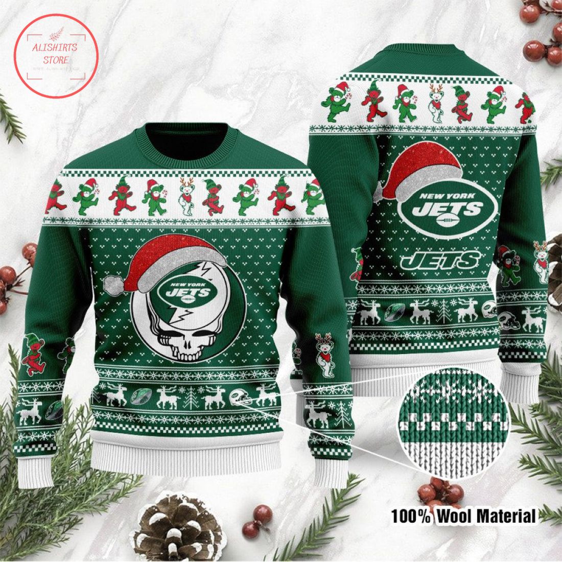 New York Jets Grateful Dead Skull and Bears Ugly Christmas Sweater