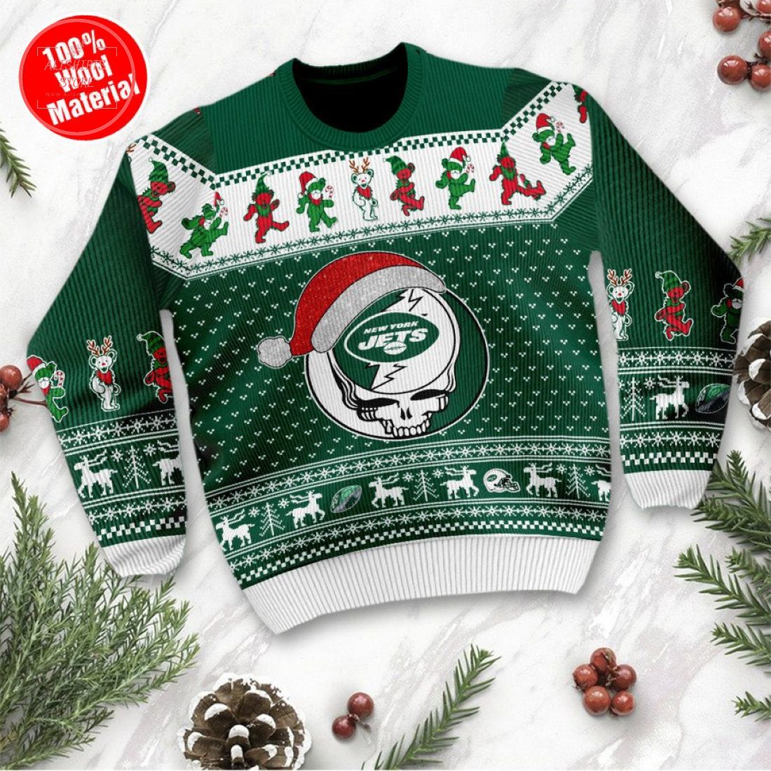 New York Jets Grateful Dead Skull and Bears Ugly Christmas Sweater