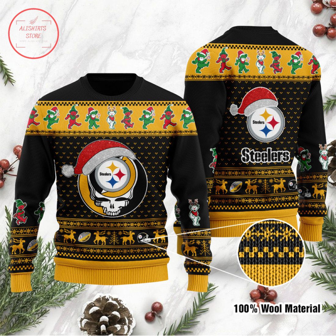 Pittsburgh Steelers Grateful Dead Skull And Bears Ugly Christmas Sweater