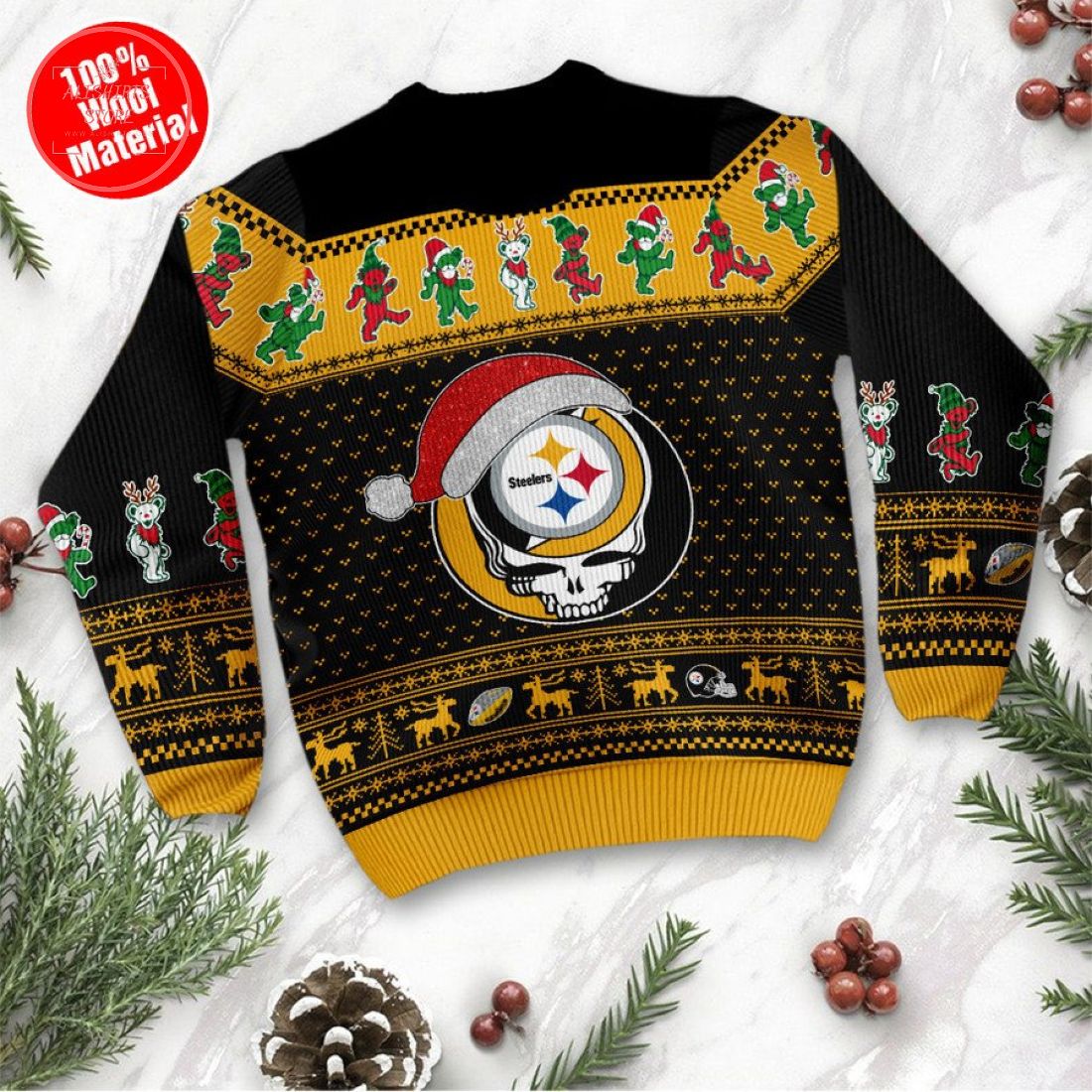 Pittsburgh Steelers Grateful Dead Skull And Bears Ugly Christmas Sweater