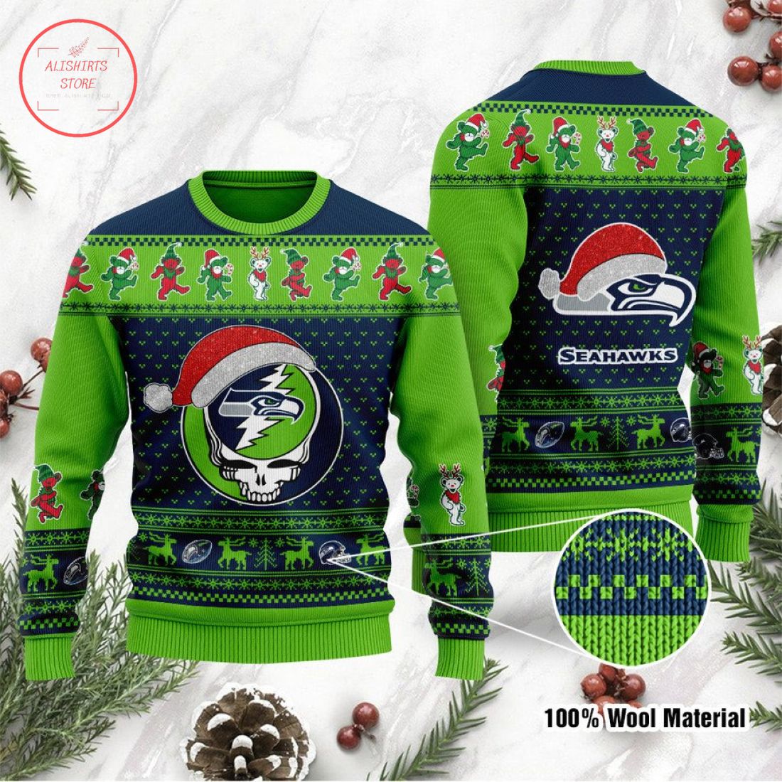 Seattle Seahawks Grateful Dead Skull And Bears Ugly Christmas Sweater