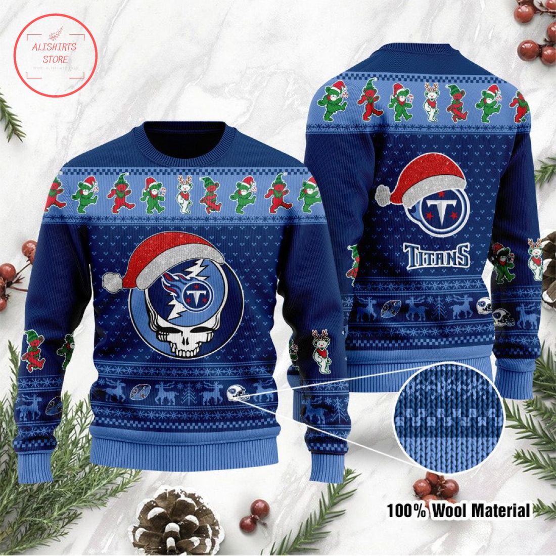 Tennessee Titans Grateful Dead Skull and Bears Ugly Christmas Sweater
