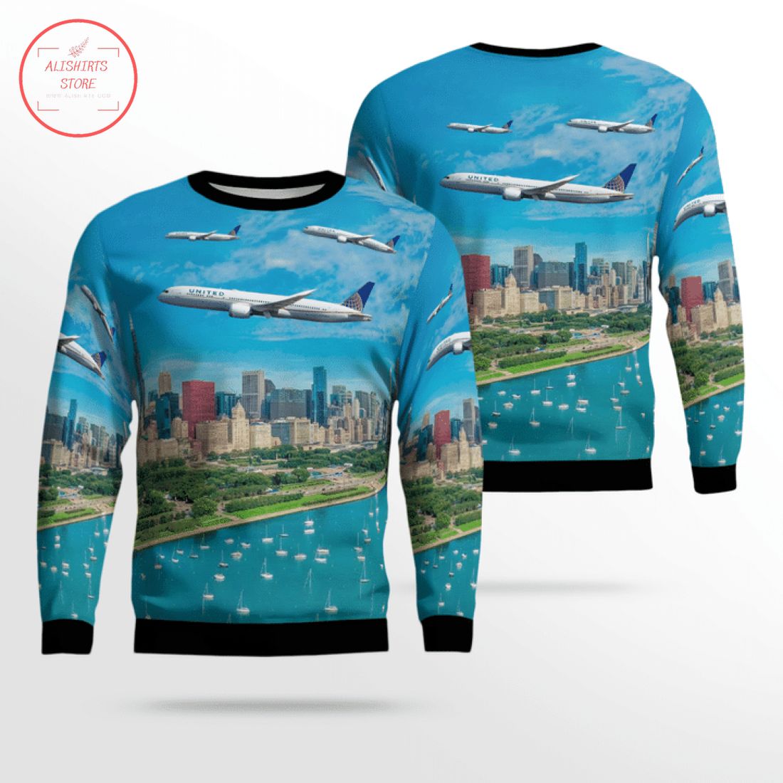 United Airlines Boeing 787-9 Dreamliner Chicago Ugly Christmas Sweater