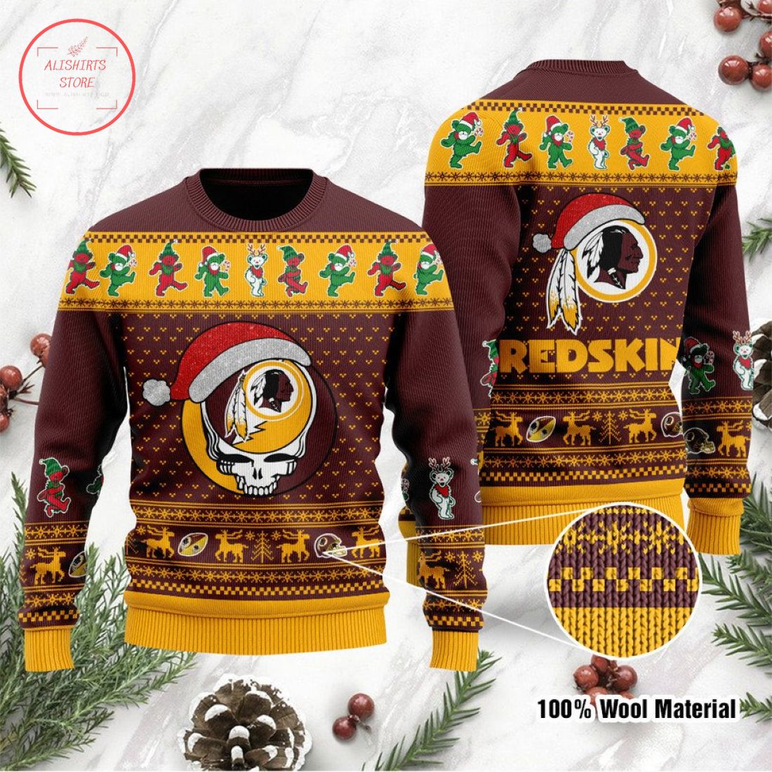 Washington Redskins Grateful Dead Skull And Bears Ugly Christmas Sweater