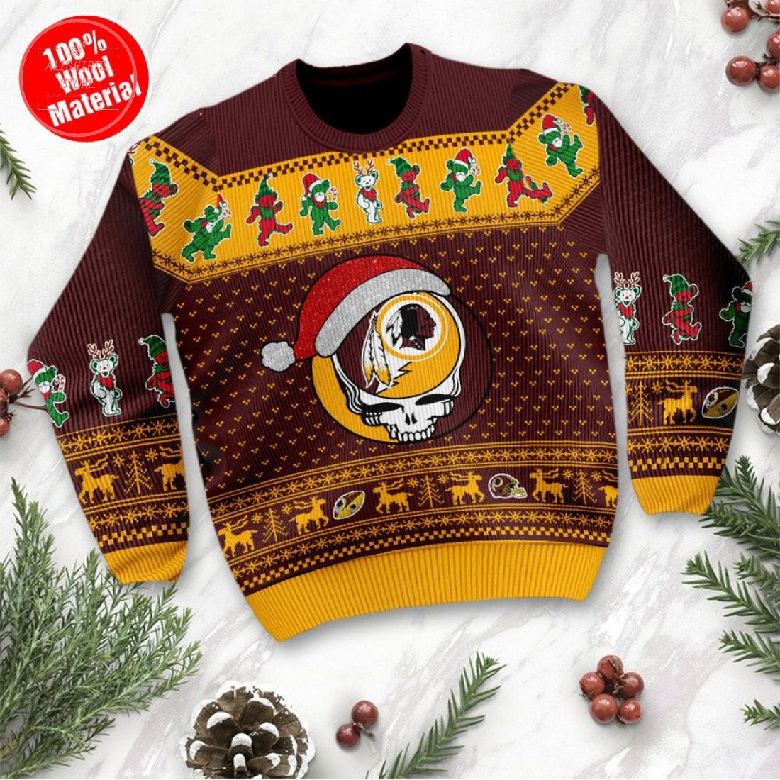 Washington Redskins Grateful Dead Skull And Bears Ugly Christmas Sweater