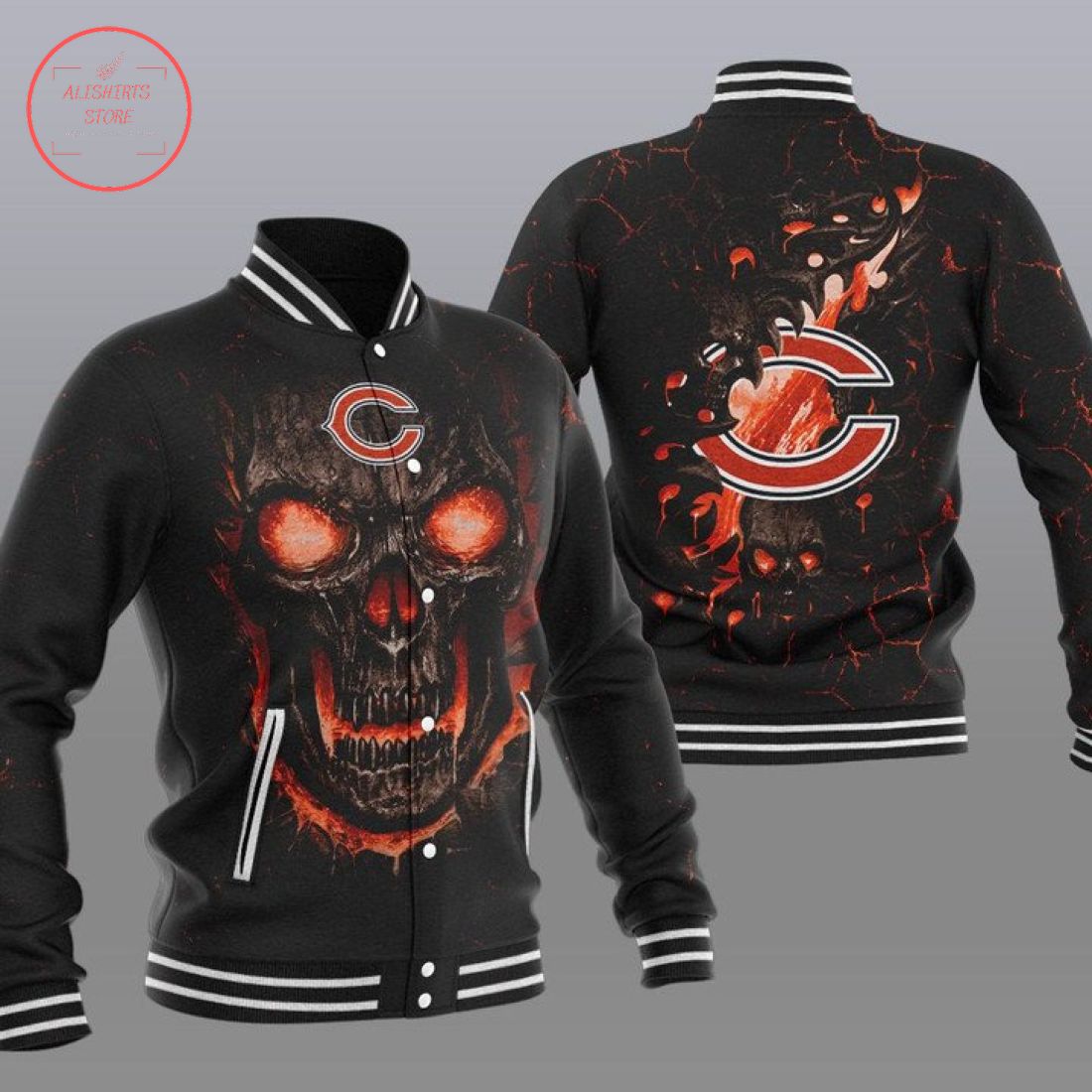 NFL Chicago Bears Fire Skull Baseball Jacket