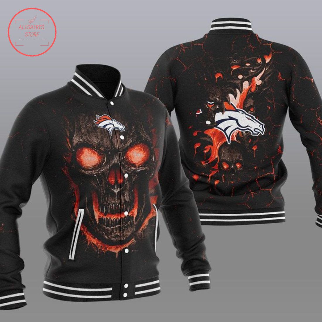 NFL Denver Broncos Fire Skull Baseball Jacket