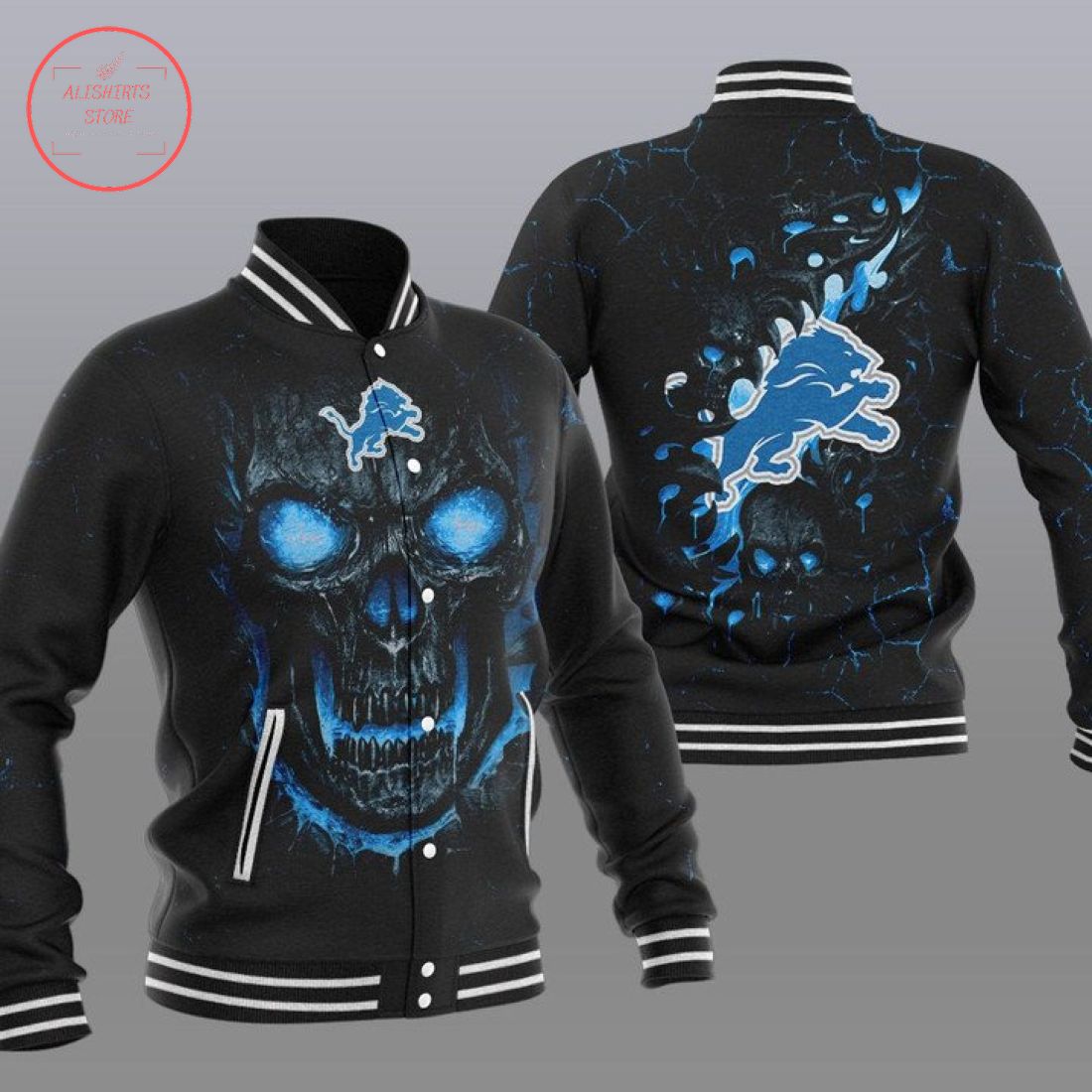 NFL Detroit Lions Fire Skull Baseball Varsity Jacket