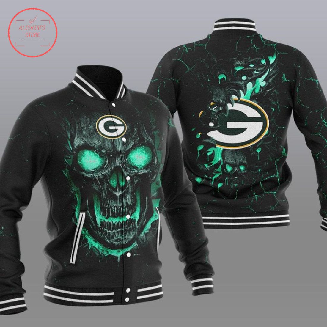 NFL Green Bay Packers Fire Skull Baseball Varsity Jacket