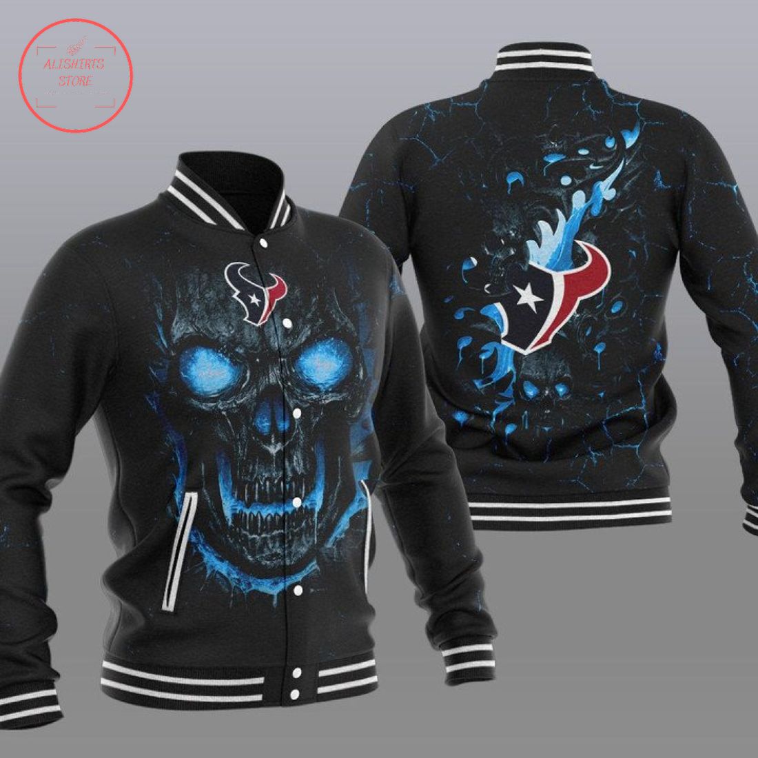 NFL Houston Texans Fire Skull Baseball Varsity Jacket