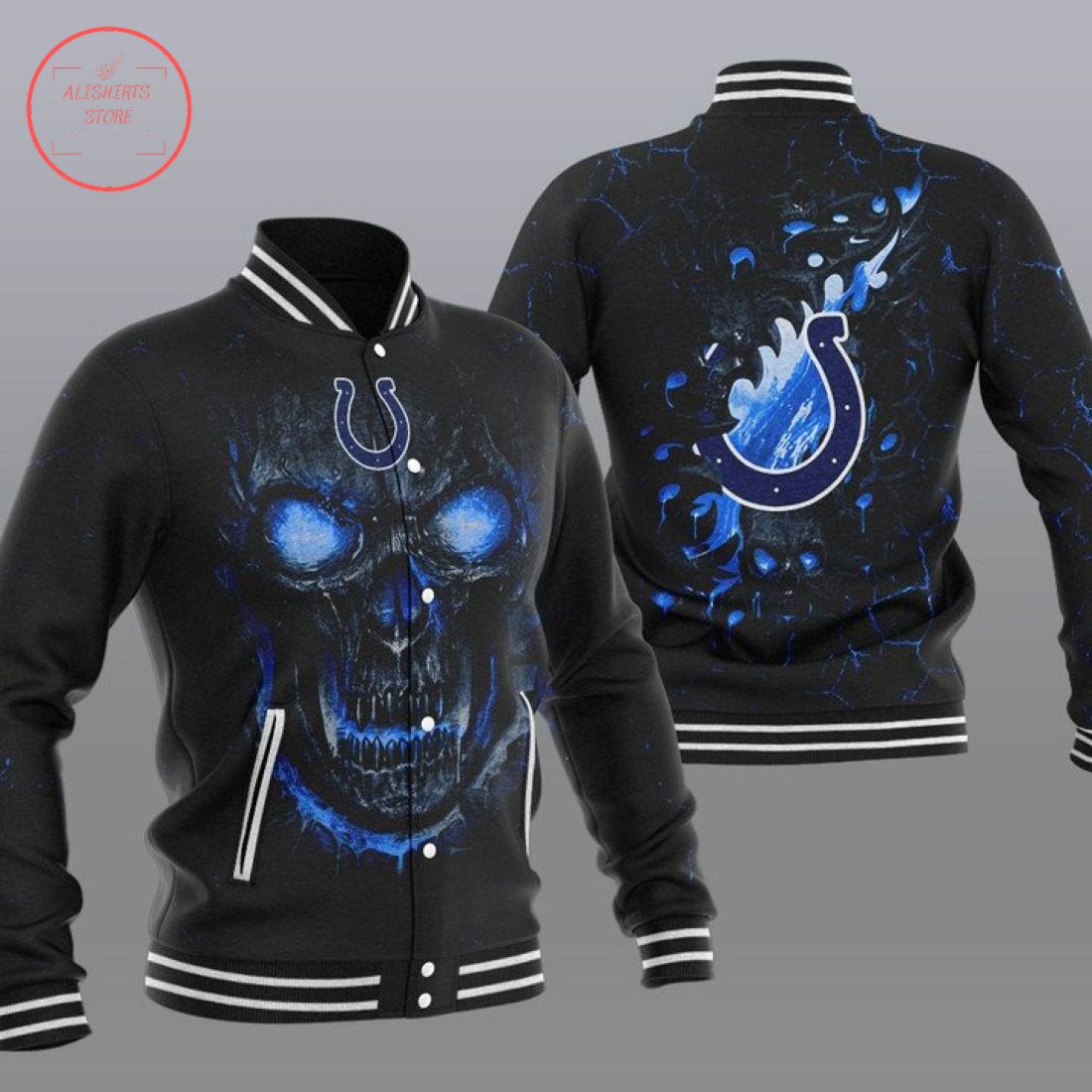 NFL Indianapolis Colts Fire Skull Baseball Varsity Jacket