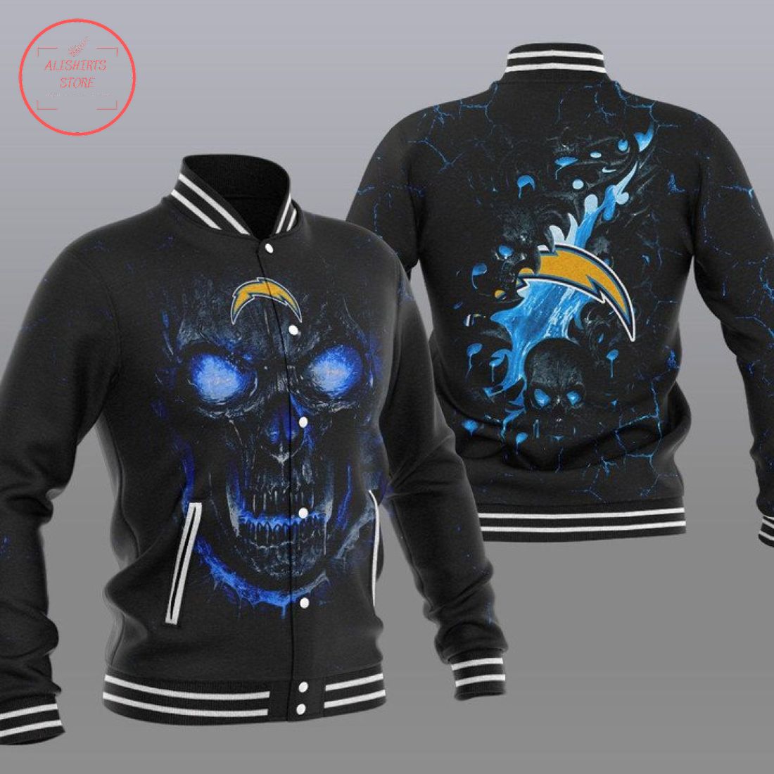 NFL Los Angeles Chargers Fire Skull Baseball Varsity Jacket