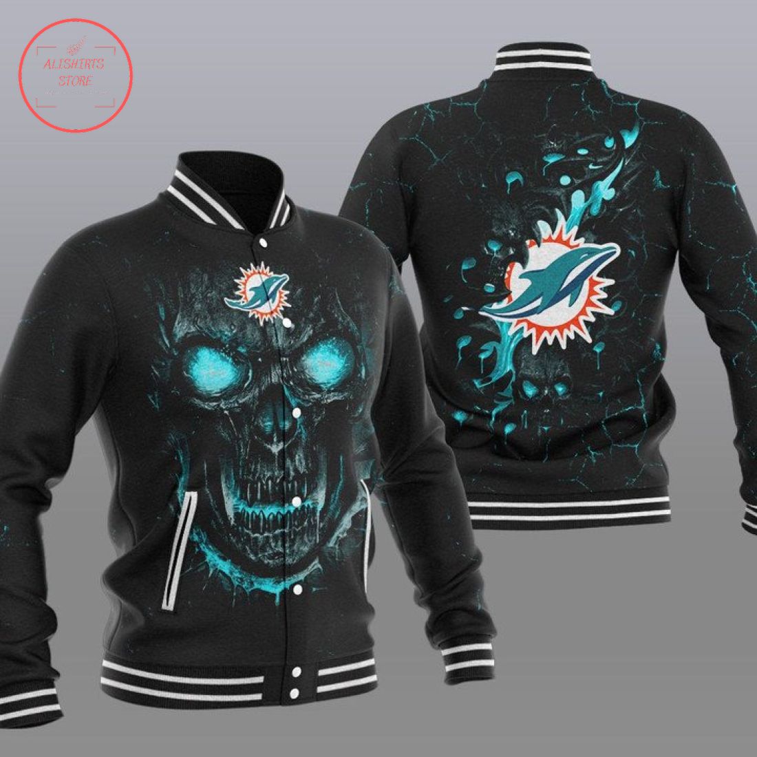 NFL Miami Dolphins Fire Skull Baseball Varsity Jacket