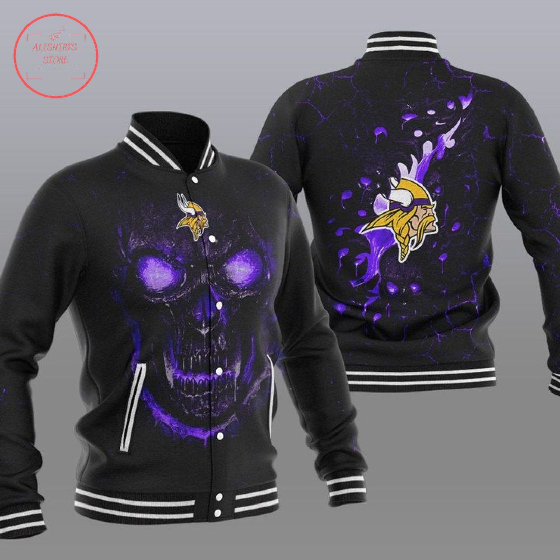 NFL Minnesota Vikings Fire Skull Baseball Varsity Jacket