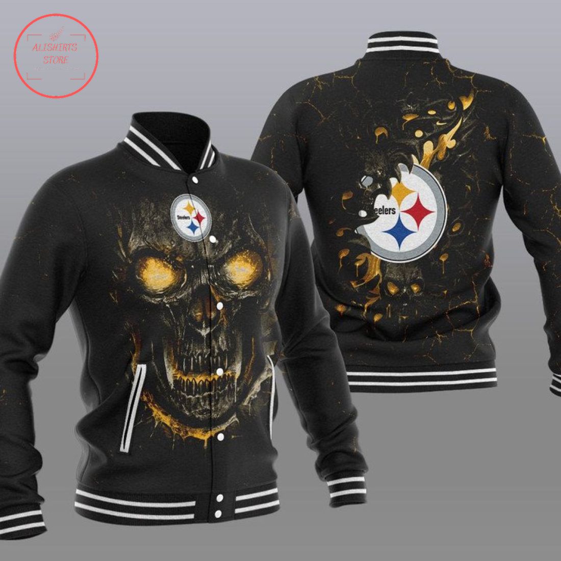 NFL Pittsburgh Steelers Fire Skull Baseball Varsity Jacket