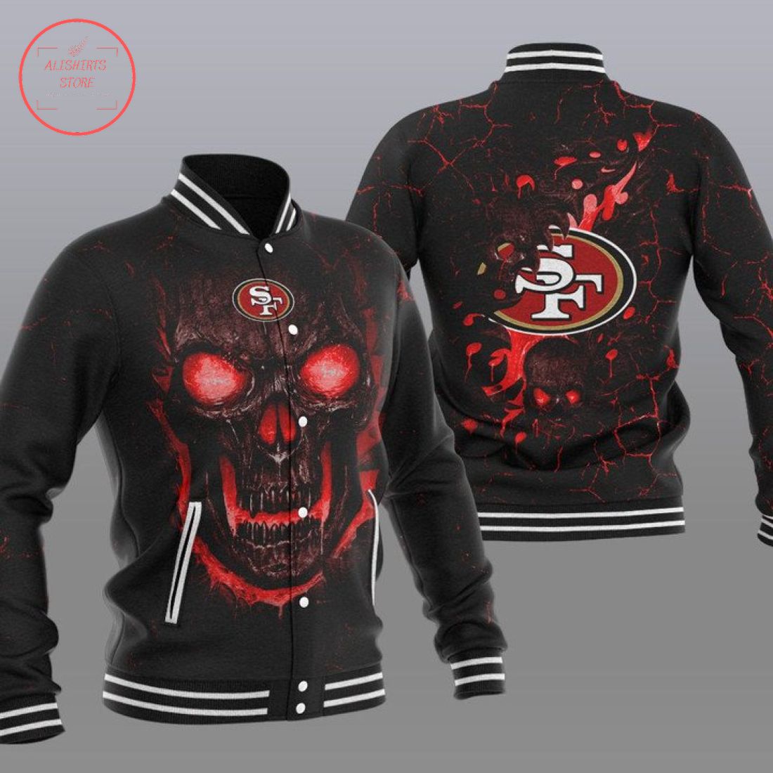 NFL San Francisco 49ers Fire Skull Baseball Varsity Jacket