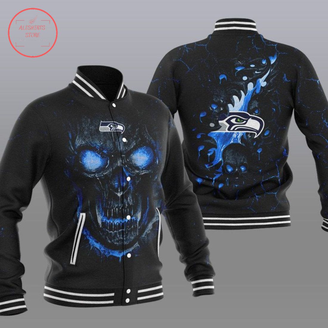 NFL Seattle Seahawks Fire Skull Baseball Varsity Jacket