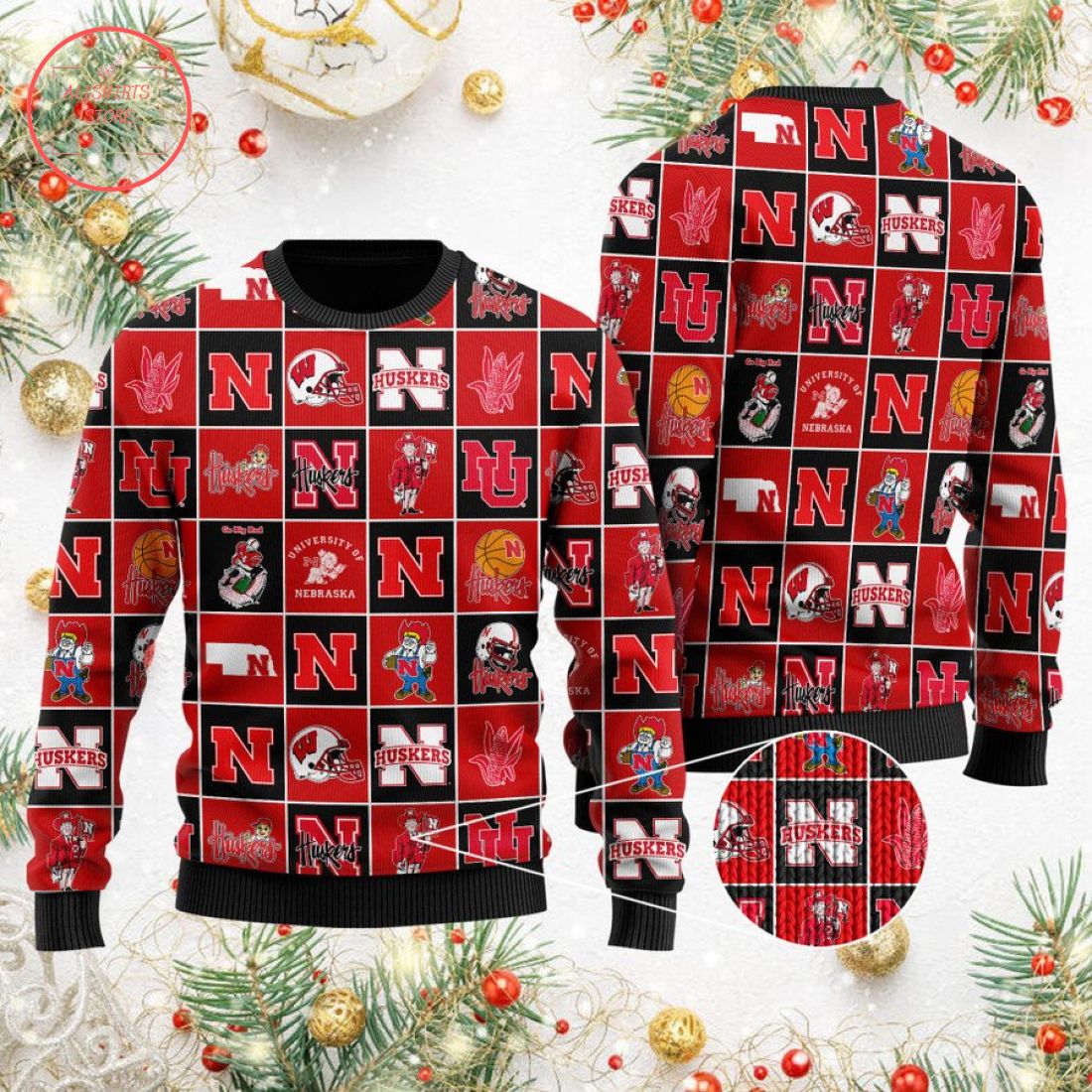 Nebraska Cornhuskers Football Team Logo Ugly Christmas Sweater