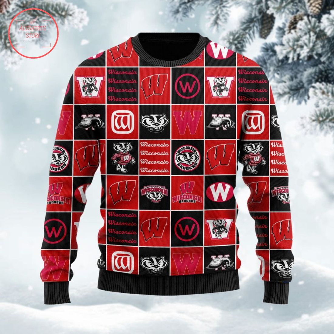 Wisconsin Badgers football team logo ugly Christmas sweater