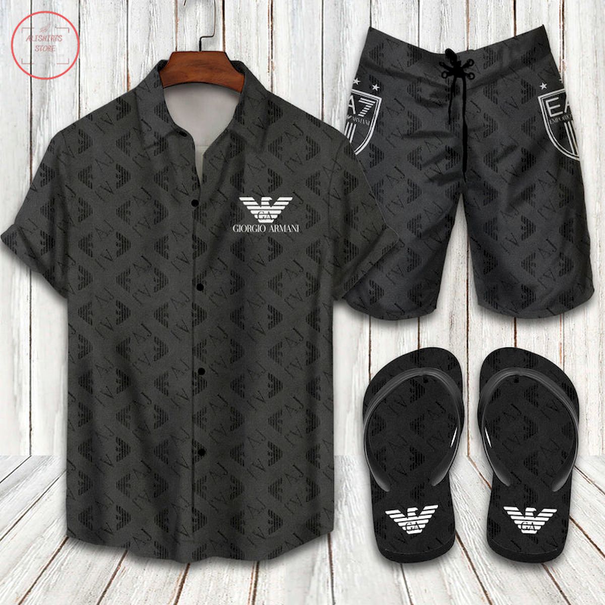 Giorgio Armani 2022 All Black Hawaiian Shirt Shorts And Flip Flops
