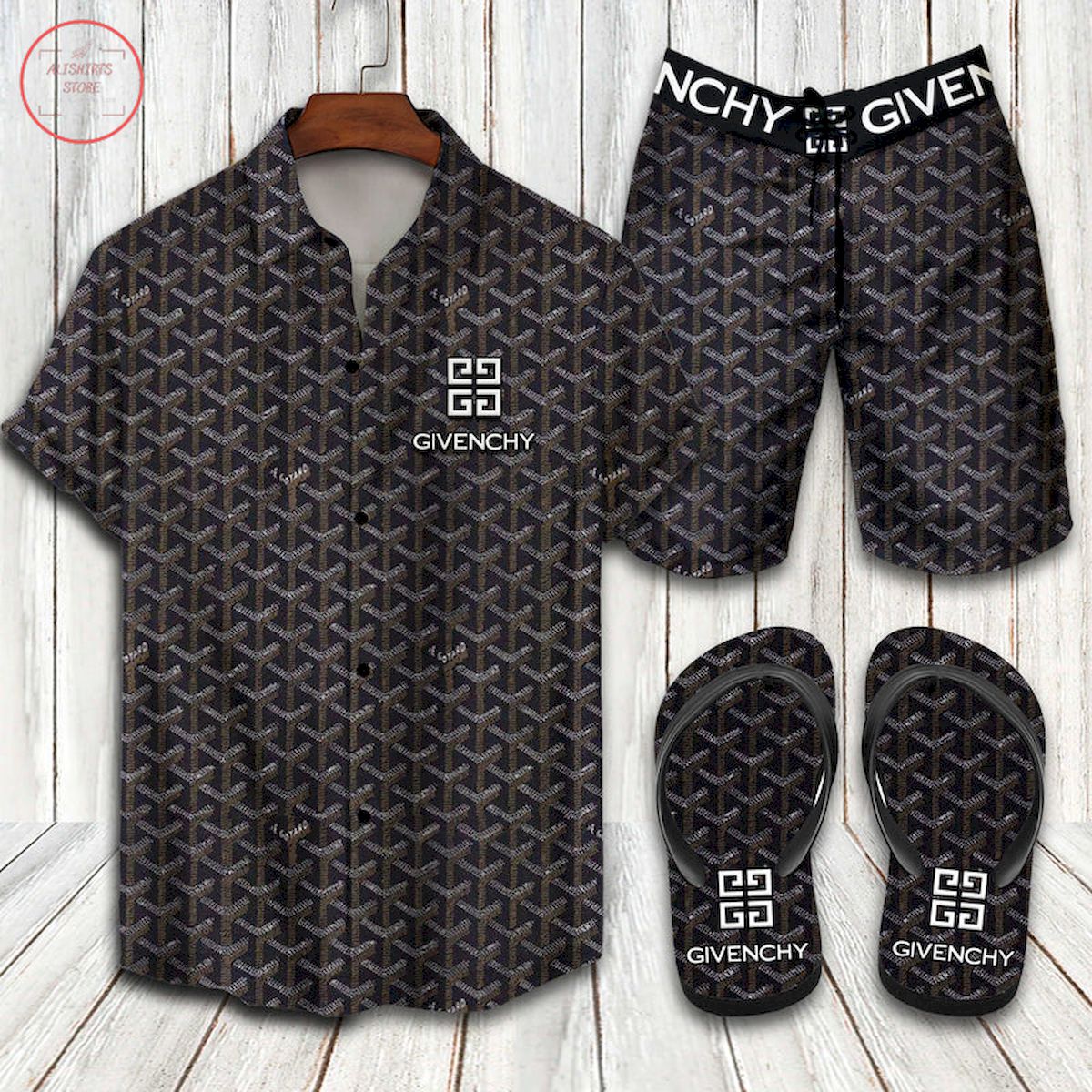 Givechy 2022 All Black Combo Hawaiian Shirt Shorts And Flip Flops