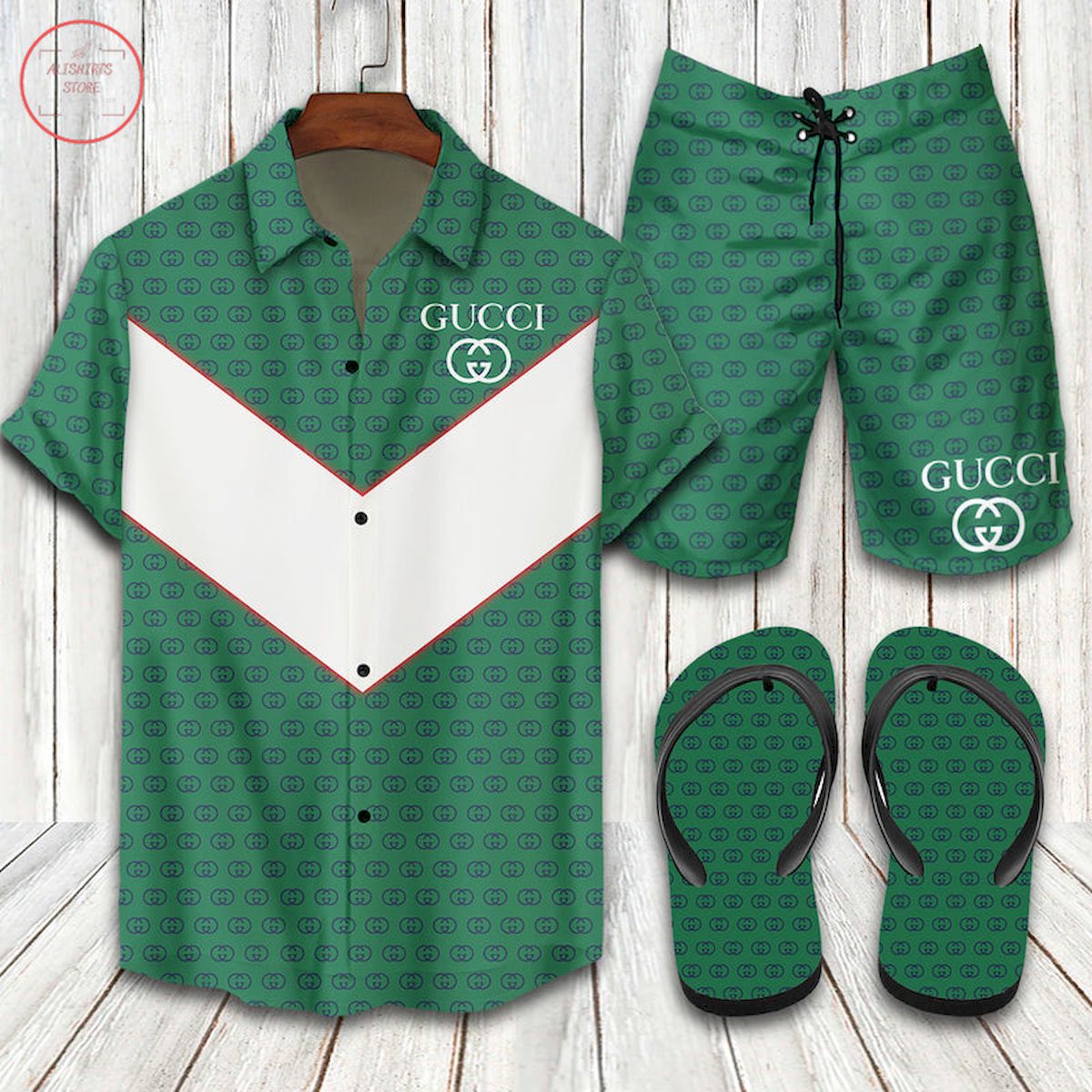 Gucci 2022 Green Luxury Hawaiian Shirt Shorts And Flip Flops