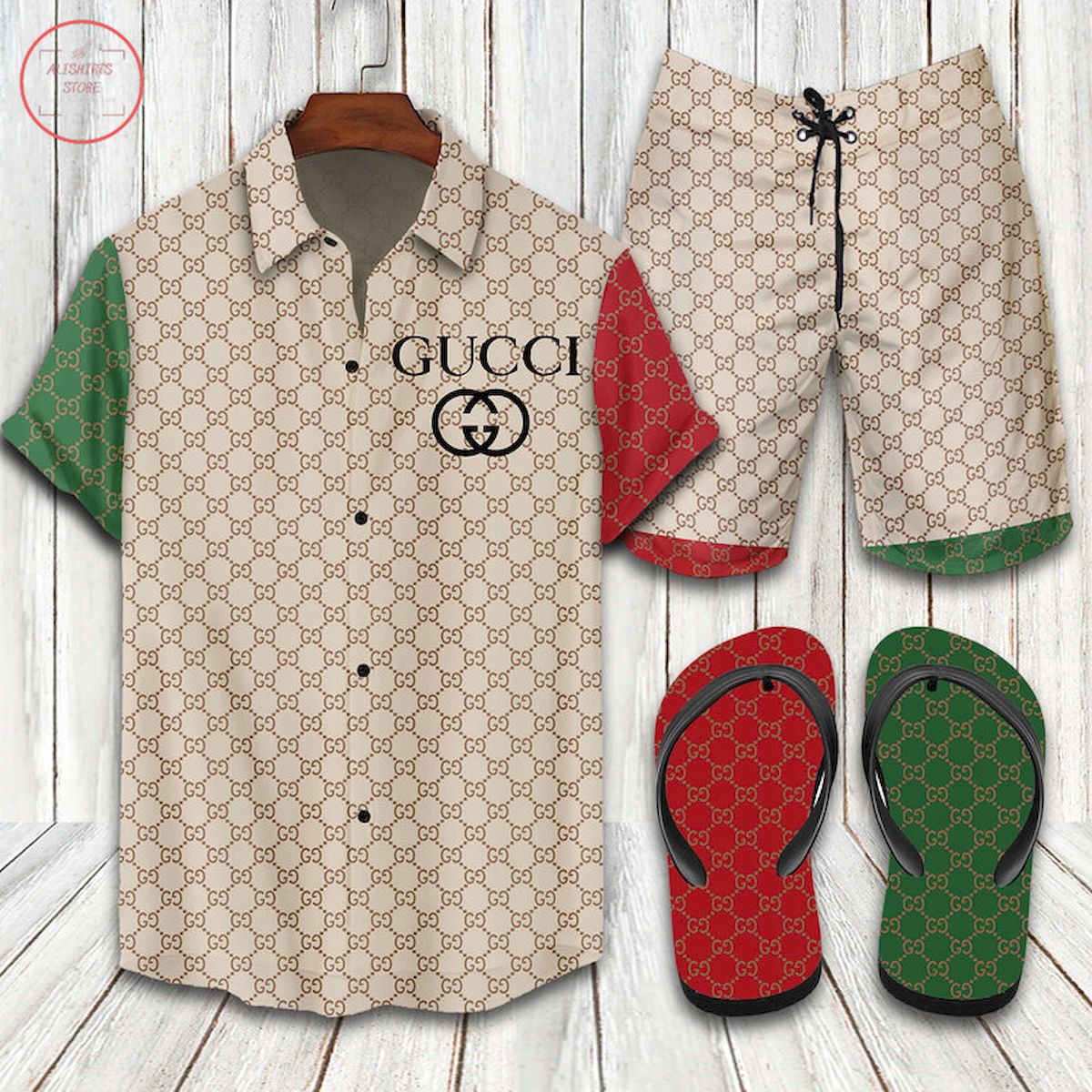 Gucci Italian Luxury Brown Hawaiian Shirt Shorts And Flip Flops