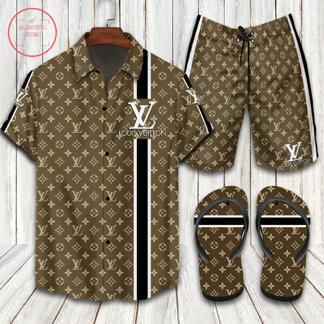 Louis Vuitton 2022 Brown Flip Flops and Combo Hawaii Shirt Shorts