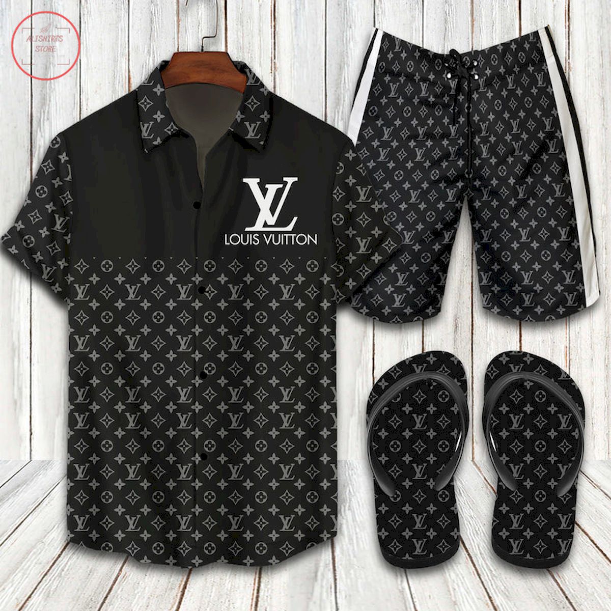 Louis Vuitton All Black Hawaiian Shirt Shorts And Flip Flops