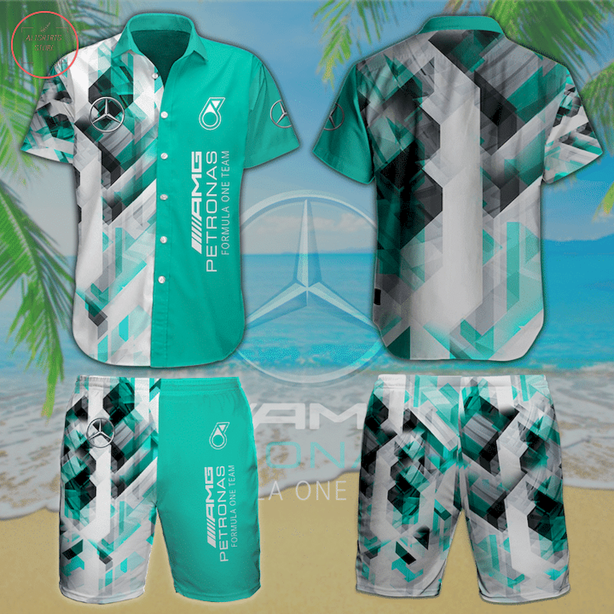 Mercedes AMG Petronas Racing Team Hawaiian Shirt and Shorts