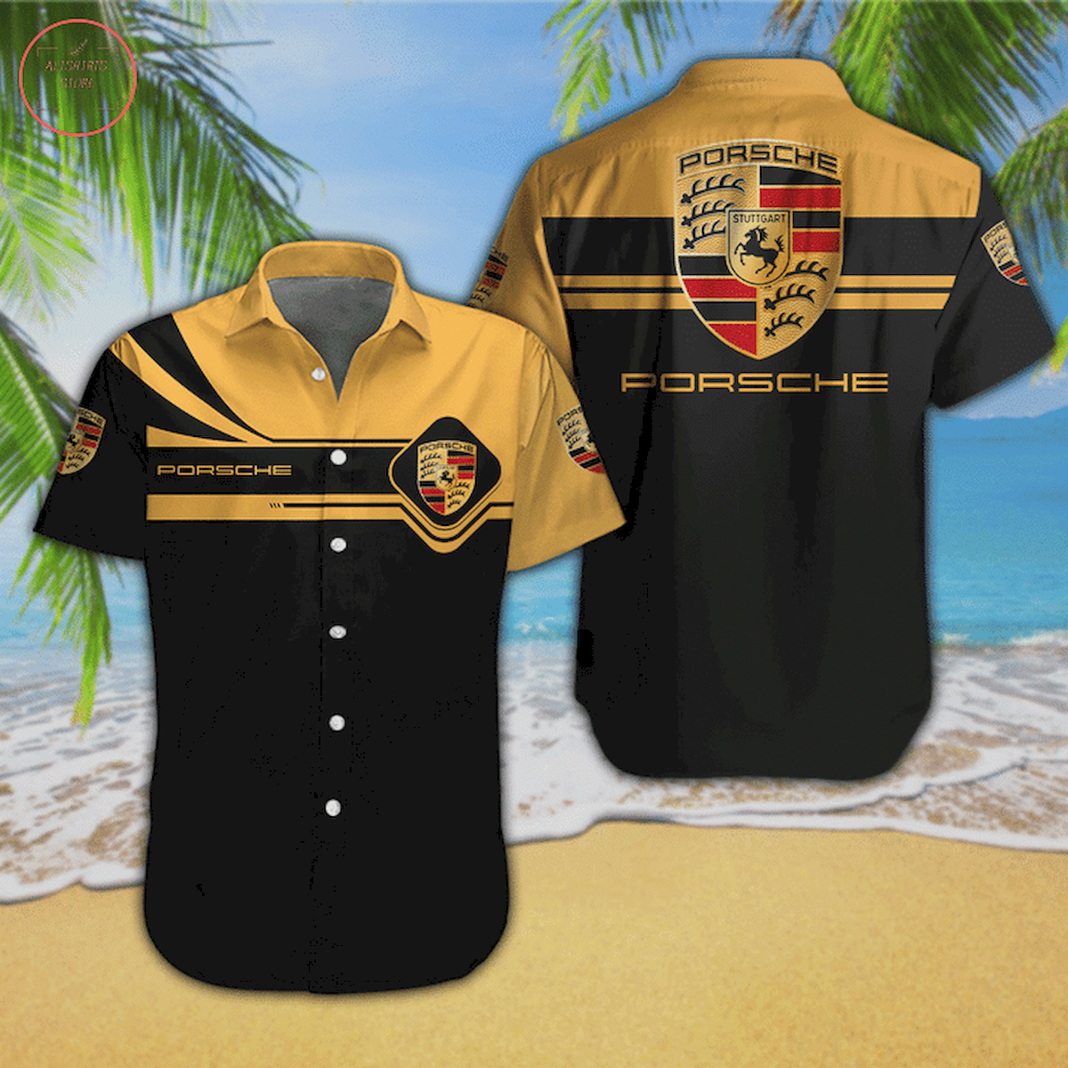 Porsche Black Yellow Hawaiian Shirt and Shorts
