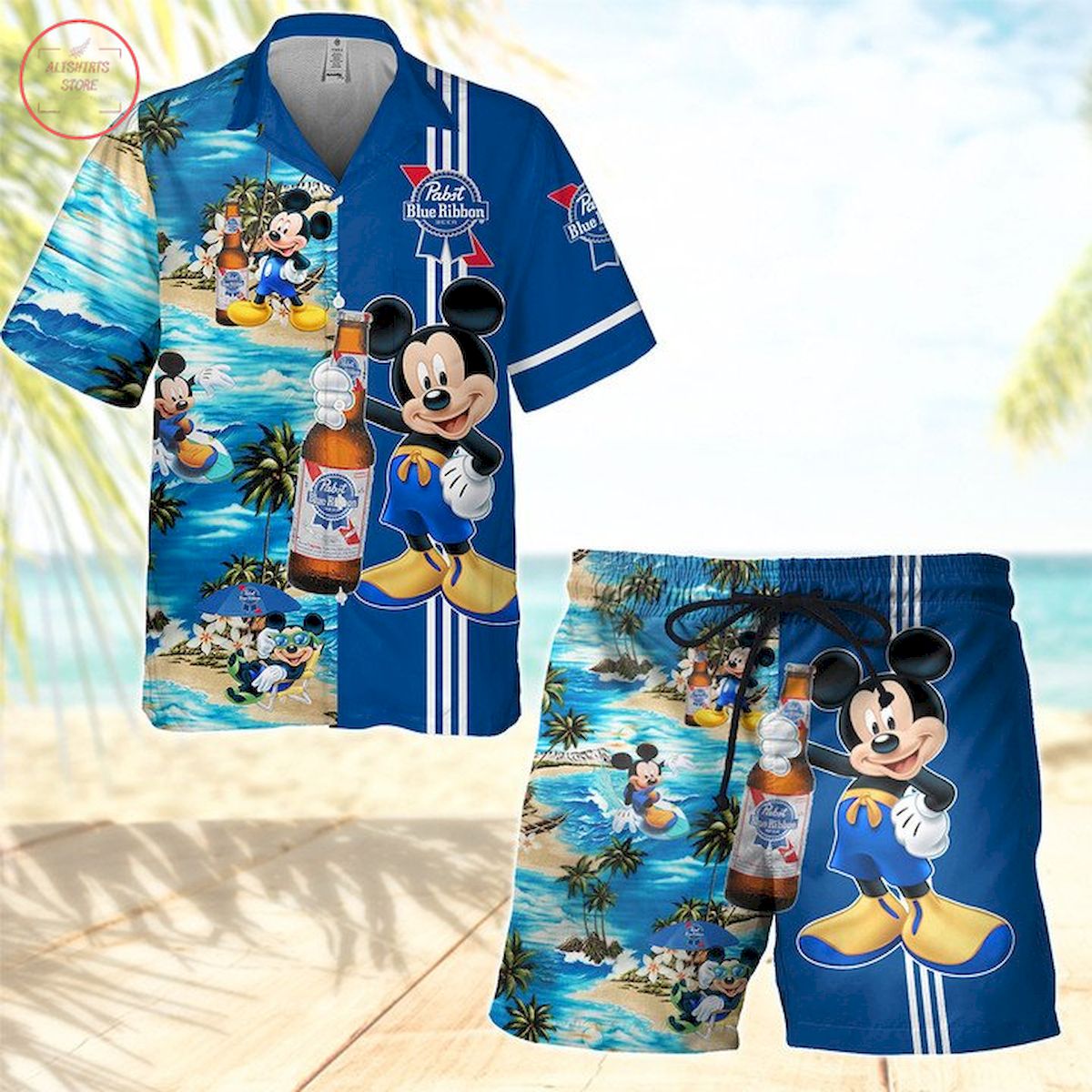 Pabst Blue Ribbon Mickey Hawaiian Shirt and Shorts